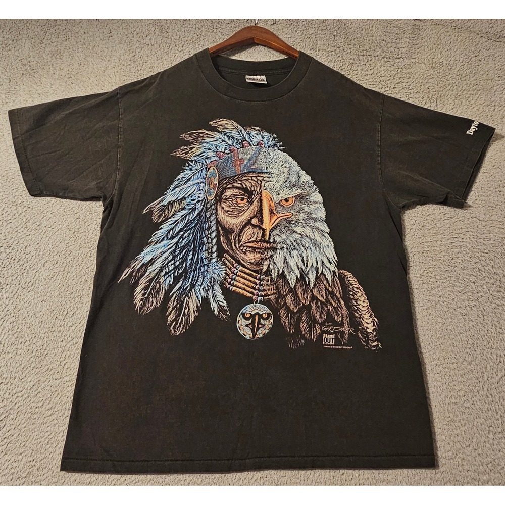 Vintage 1994 Oneita Native American Eagle Shirt Mens Large Daytona Beach Black